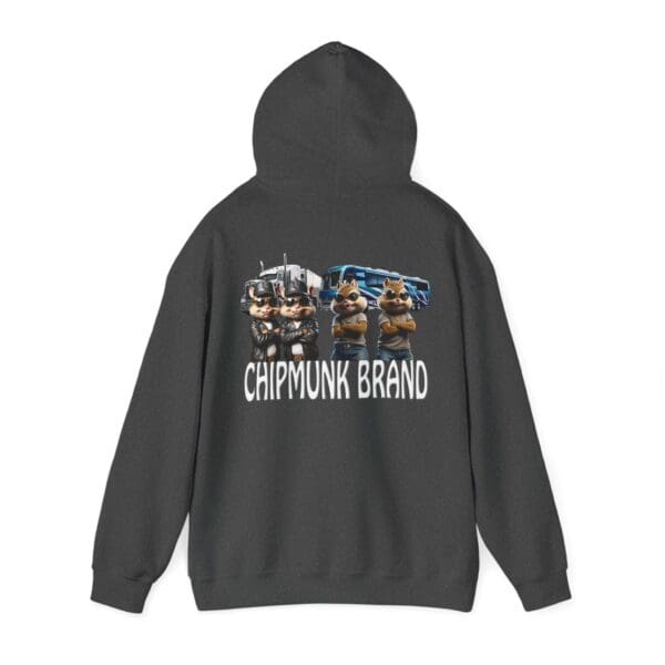 Black Chipmunk Family Graphic Hoodie featuring cartoon chipmunks in police uniforms with "Chipmunk Brand" text on the back.