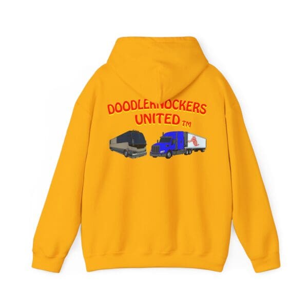 A yellow "Doodleknockers Bus and Truck" hoodie features "Doodleknockers United" in red above images of two trucks on the back.