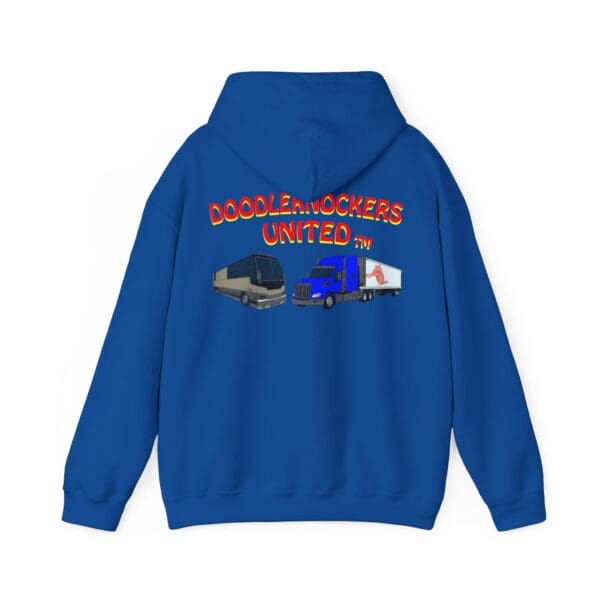 Doodleknockers Bus and Truck Hoodie in blue, featuring a design with a bus and truck, with "DOODLE KNOCKERS UNITED FM" written above in red and yellow letters.