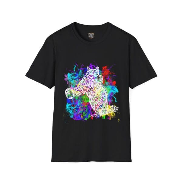 The Smoked Chipmunk T-Shirt is a black tee showcasing a colorful, abstract image of a fox playing a trumpet, surrounded by vibrant splashes of color.