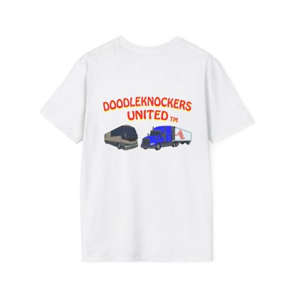 White T-shirt featuring cartoon illustrations of buses and trucks with the text "Doodleknockers United" in red and yellow.