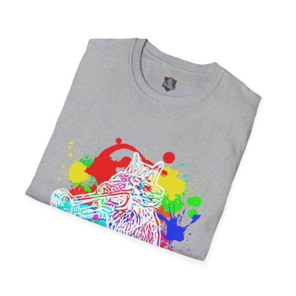 Folded gray t-shirt featuring the vibrant Splash Chipmunk graphic, showcasing a multicolored chipmunk playing a trumpet amidst splashes of red, green, and blue paint.