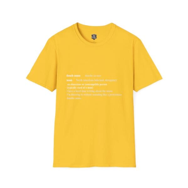 Yellow t-shirt featuring the Douche Canoe T-Shirt design with a humorous definition in white text.