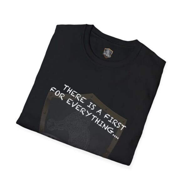 Black t-shirt featuring a shield graphic and the text "There's a First for Everything... Except Impressions!" printed on the front.