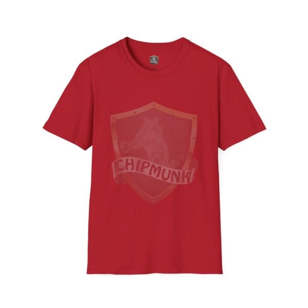 Red Chipmunk Brand T-Shirt featuring a chipmunk graphic on a shield with the word "Chipmunk" beneath the image.