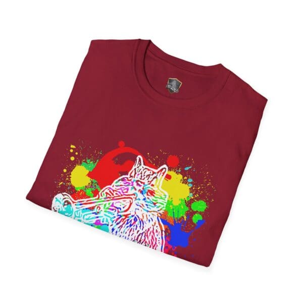 Red "Splash Chipmunk" t-shirt showcasing a vibrant graphic of a cat playing a trumpet set against a splatter paint background.