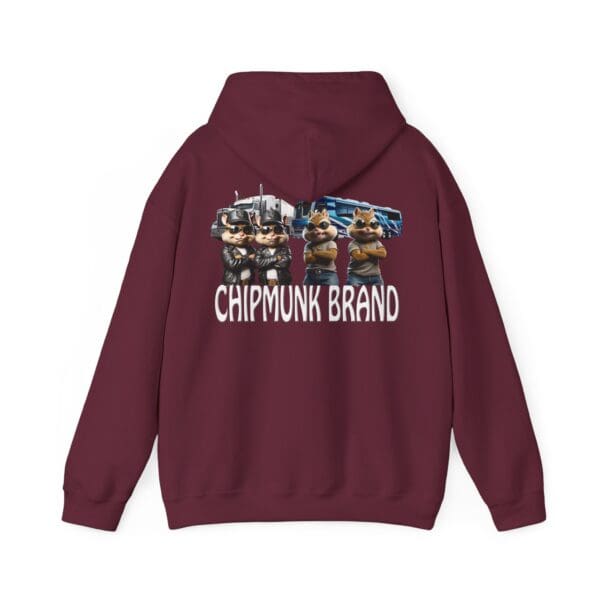 Maroon Chipmunk Family Graphic Hoodie showcasing cartoon chipmunks in sunglasses standing before a truck, adorned with the text "Chipmunk Brand.