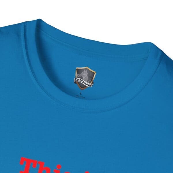 Close-up of the collar of a blue "This is Your Brain on Hugs T-Shirt" with a "Chipmunk" label.