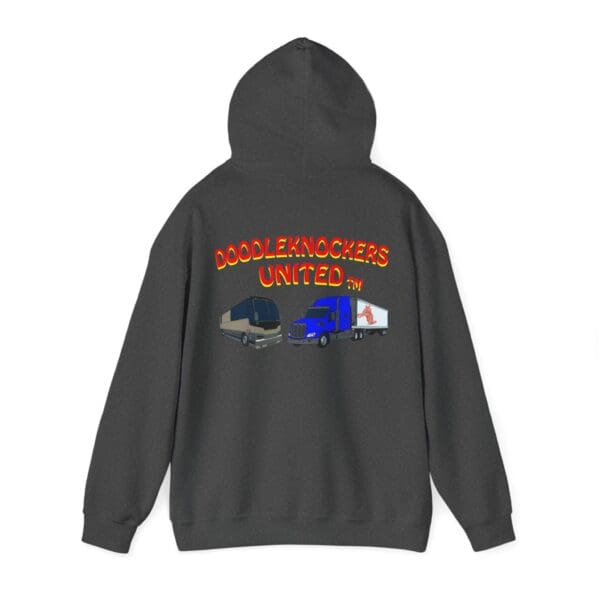 The Doodleknockers Bus and Truck Hoodie features a dark design adorned with the text "DOODLEKNOCKERS UNITED FM" and illustrations of two trucks on the back.