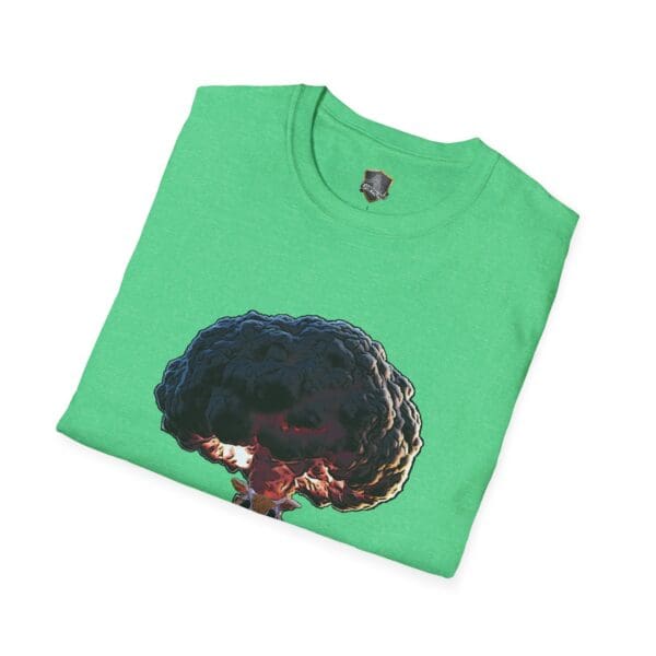 A folded Not My Nuts T-shirt in green, featuring a print of an explosion that resembles a mushroom cloud.