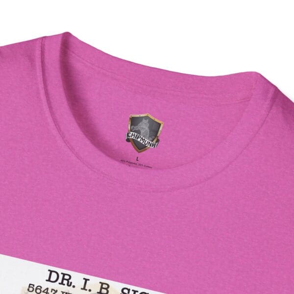 Close-up of a pink Laughter T-Shirt featuring a Chipmunk logo on the inside neckline. The shirt label reads "DR. I.B сиг..." with additional text partially visible.