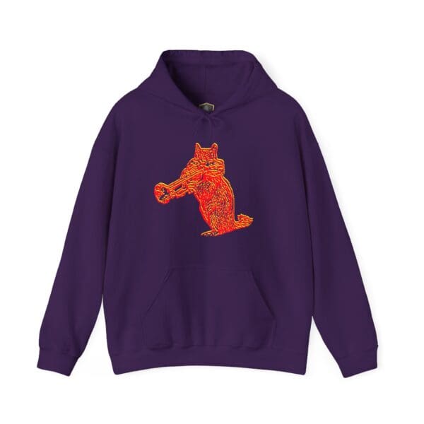 Chipmunk Hoodie in purple featuring a vibrant neon orange graphic of a fox playing a trumpet on the front.