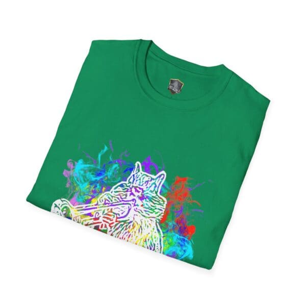 Smoked Chipmunk T-Shirt featuring a colorful cat graphic playing a trumpet, surrounded by vibrant smoke-like patterns.