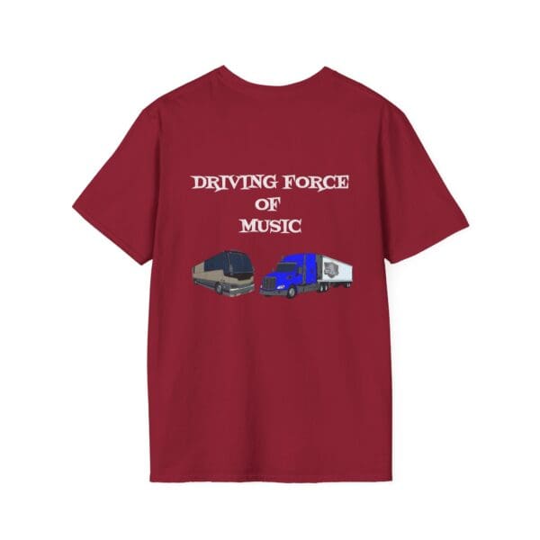 Red "Driving Force" t-shirt featuring a tour bus and truck graphic alongside the text "Driving Force of Music" on the back.