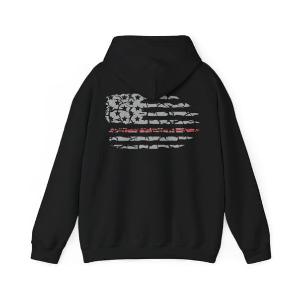 Nurse Support Hoodie in black, featuring an abstract American flag design on the back with a distinctive red stripe.