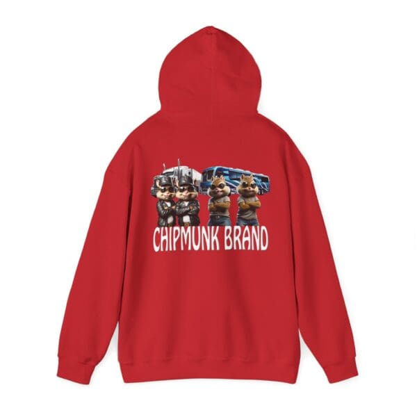 Chipmunk Family Graphic Hoodie featuring cartoon chipmunks in police uniforms and 'Chipmunk Brand' text on the back.