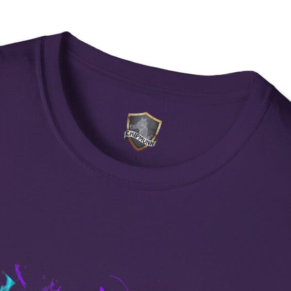 Close-up of the neckline of the Smoked Chipmunk T-Shirt, showcasing a Chipmunk logo on the inner label and a subtle abstract design in shades of blue and purple underneath.