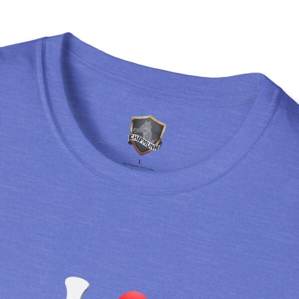 Close-up of a blue T-shirt collar with an "I Love Hot Taco" logo and "L" size label.