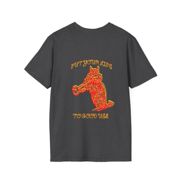 A black T-shirt showcasing a red and yellow sketched dog holding a bone, accompanied by the text "PUT YOUR K9s TO GOOD USE" above and below.