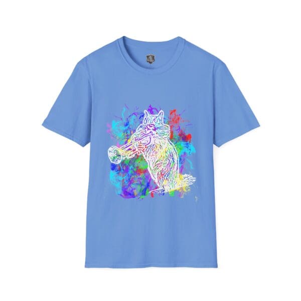 The Smoked Chipmunk T-Shirt features a colorful, abstract design of a fox playing a trumpet.