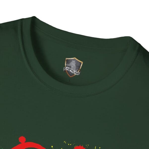 Close-up of the neck area of a green Splash Chipmunk T-Shirt, showcasing a small shield logo labeled "Chipmunk.