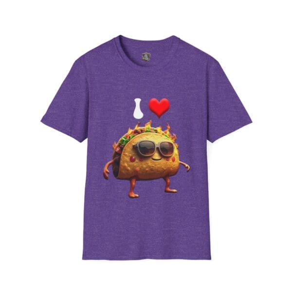 T-shirt in purple featuring a taco illustration with sunglasses, surrounded by flames, and the phrase "I Love" represented by a bone and heart.