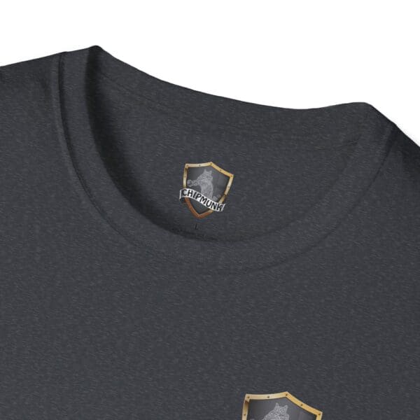 Close-up of the neckline on the Kick Me T-Shirt in dark gray, featuring a small graphic patch of a chipmunk at the center inside the collar.