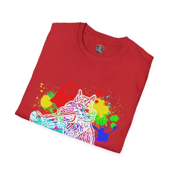 Red Splash Chipmunk T-Shirt featuring a colorful graphic of a chipmunk playing a trumpet, surrounded by vibrant splatter designs.