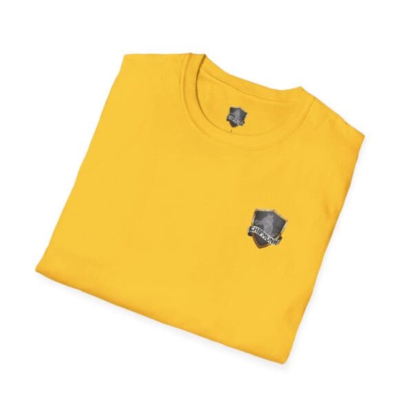 Folded Driving Force T-shirt in yellow, featuring a small shield logo on the left chest area.