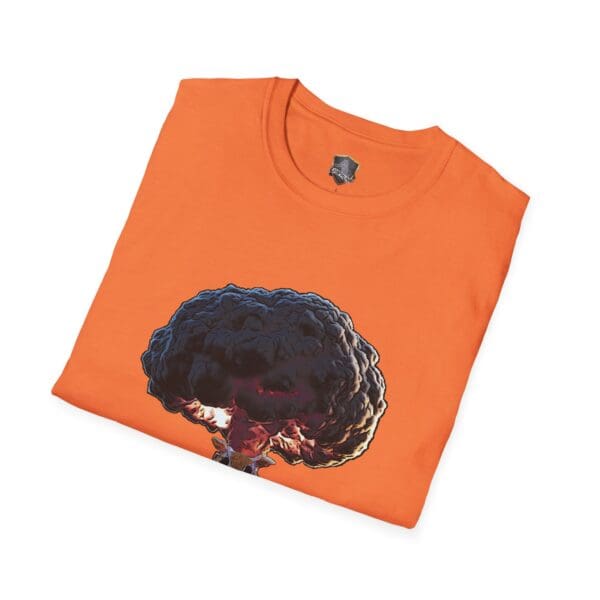 An orange Not My Nuts T-Shirt featuring a graphic of a dark mushroom cloud on the front.