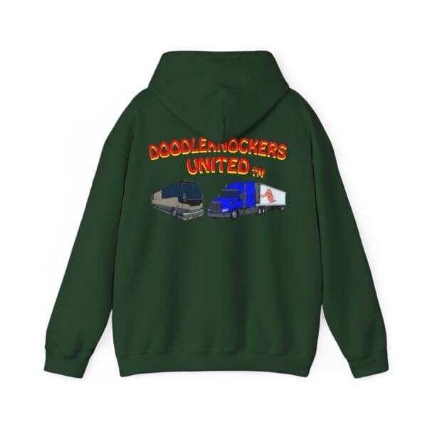 Dark green "Doodleknockers Bus and Truck Hoodie" featuring illustrations of buses and trucks with the text "DOODLEKNOCKERS UNITED FM" on the back.