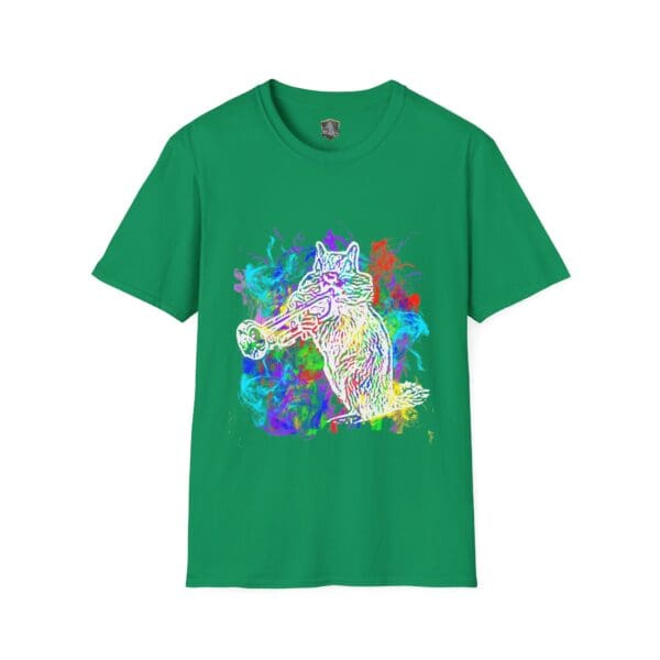 Smoked Chipmunk T-Shirt: A green t-shirt showcasing a vivid neon-style design of a chipmunk playing a trumpet against a dynamic multi-colored background.