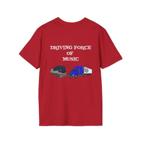 Driving Force T-Shirt in red, featuring the text "DRIVING FORCE OF MUSIC" above images of a tour bus and a truck.