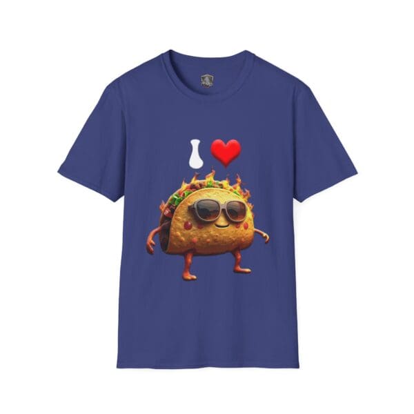 Blue t-shirt featuring a graphic of a taco wearing sunglasses with flames, accompanied by the text "I ♥".