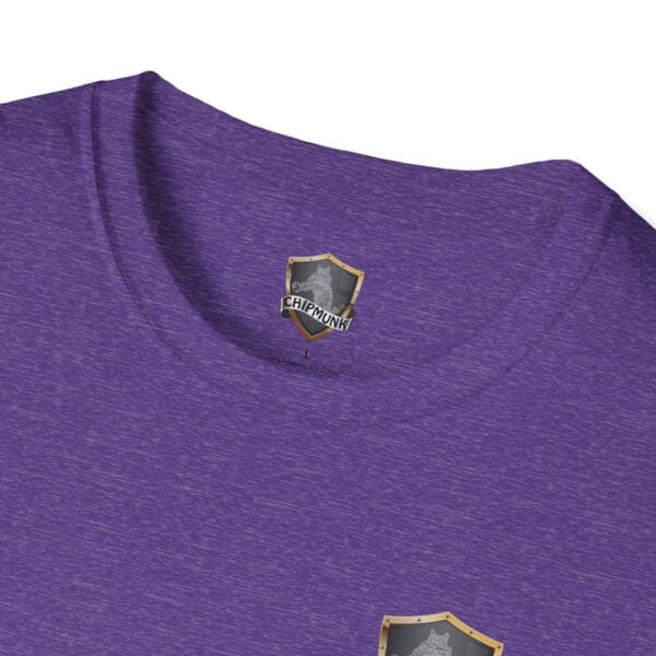 The "Put Your Lips To Good Use" T-shirt is a purple heathered t-shirt featuring a small "CHIPMUNK" label inside near the neckline and a shield design.