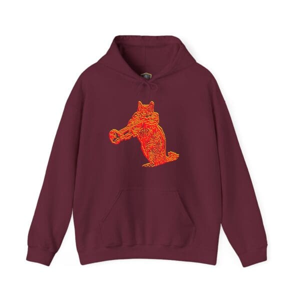 Chipmunk Hoodie in maroon, showcasing a graphic of a standing fox playing a trumpet in vibrant orange and yellow tones.