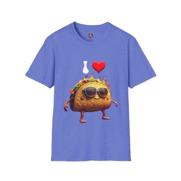 Blue t-shirt featuring a cartoon taco character wearing sunglasses with flames, along with the text "I Love", known as the I Love Hot Taco T-Shirt.