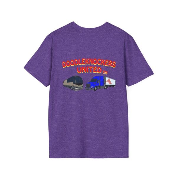 Purple "Doodleknockers Bus and Truck T-Shirt" featuring the text "Doodleknockers United" with illustrations of a gray and a blue truck on the back.