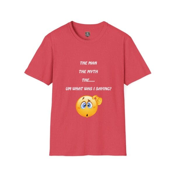 The Man T-Shirt features a red design with a confused emoji and the text: "The man, the myth, the... um what was I saying?