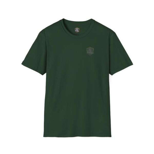 Dark green "You Bought It Because We Brought It" T-shirt featuring a small embroidered emblem on the left chest.