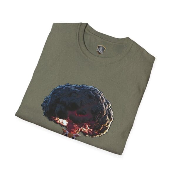 Folded olive green "Not My Nuts" T-shirt showcasing an illustration of a mushroom cloud explosion on the front.