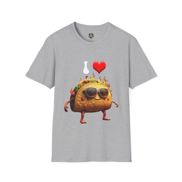 Gray t-shirt with a fun illustration of a taco wearing sunglasses and the words "I Love" above it.