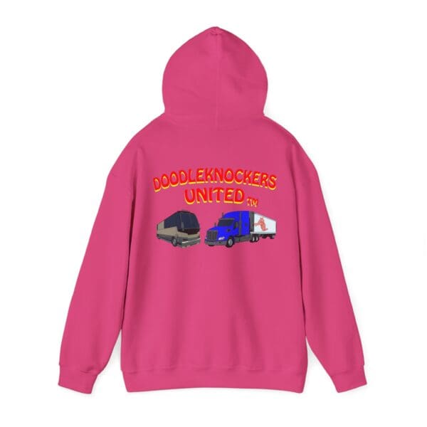 A Doodleknockers Bus and Truck Hoodie in pink, adorned with illustrations of a bus and a truck, plus the text "DOODLEKNOCKERS UNITED™" on the back.