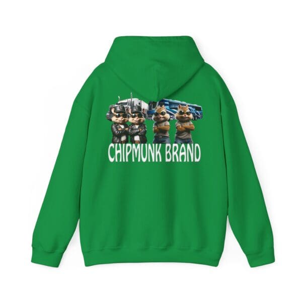 Chipmunk Family Graphic Hoodie featuring three cartoon chipmunks dressed in police uniforms standing in front of a truck on the back.