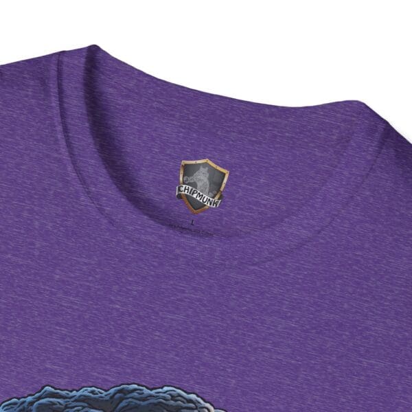 Close-up of a Not My Nuts T-Shirt in purple featuring a shield-shaped logo labeled "Chipmunk" on the neckline.