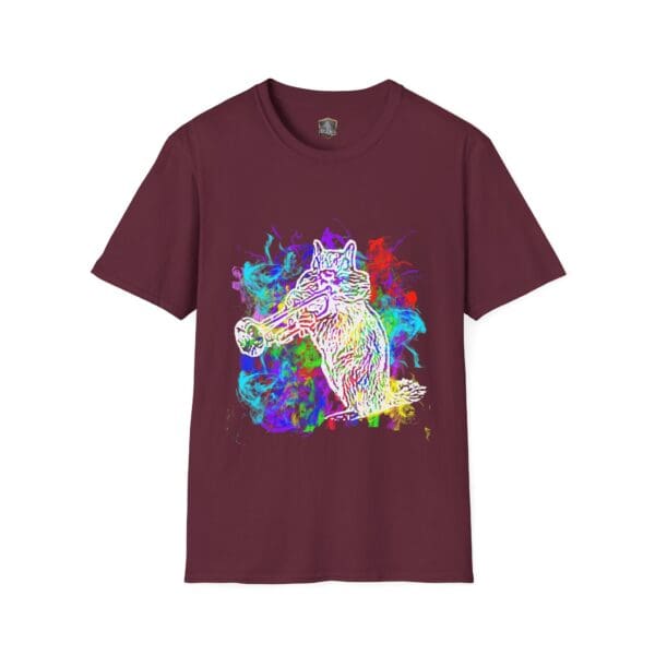 The Smoked Chipmunk T-Shirt features a colorful, abstract illustration of a wolf playing a trumpet.