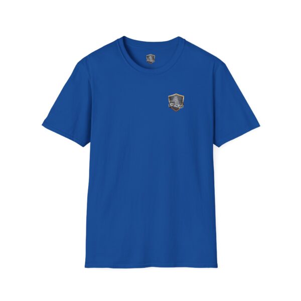 The Show T-Shirt features a small, shield-shaped graphic on the left side of a blue shirt.