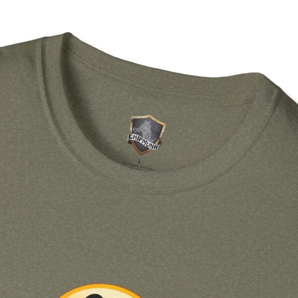 Close-up of a gray-green collar from the "No One Cares" T-shirt featuring a Chipmunk brand label, indicating size L.