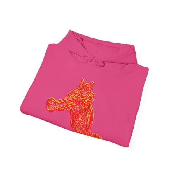 Chipmunk Hoodie in pink, featuring a neon orange illustration of a wolf's head gripping a baseball bat in its mouth, folded neatly on a white background.