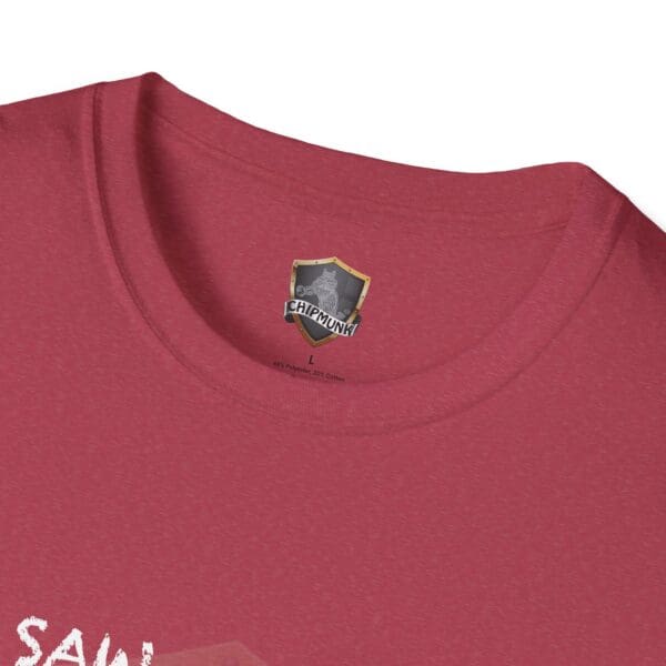 I Saw T-Shirt in red, featuring a "Chipmunk" label on the inside collar with size L and material information.